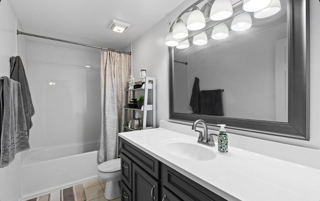 full bathroom with shower / tub combo, vanity, toilet, and tile patterned floors