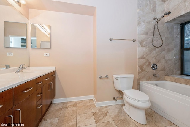 bathroom featuring double vanity, baseboards, toilet, shower / washtub combination, and a sink