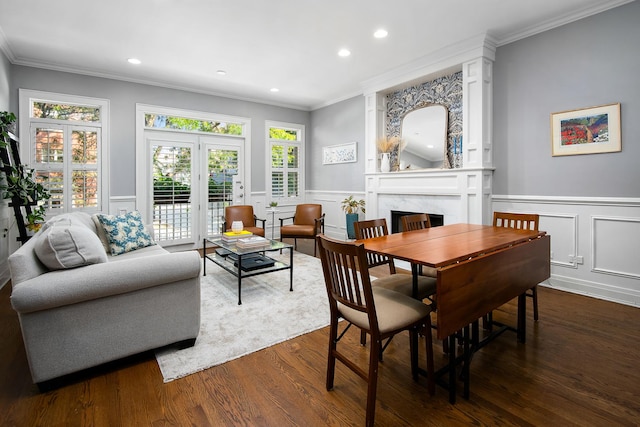 interior space with crown molding, dark hardwood / wood-style floors, and a fireplace