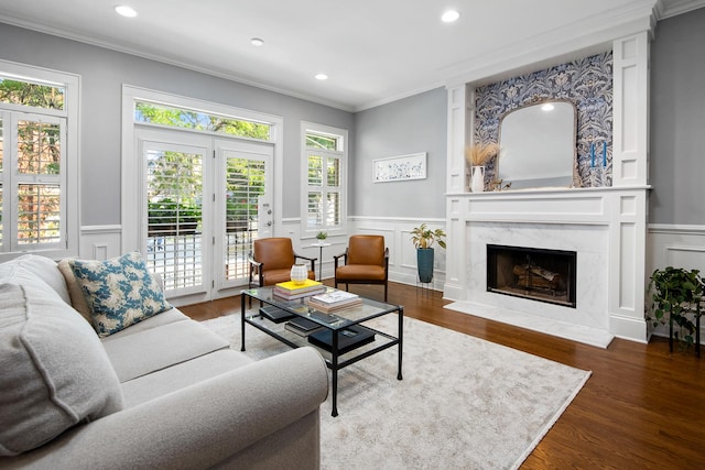 living room with crown molding, a fireplace, and dark wood-type flooring