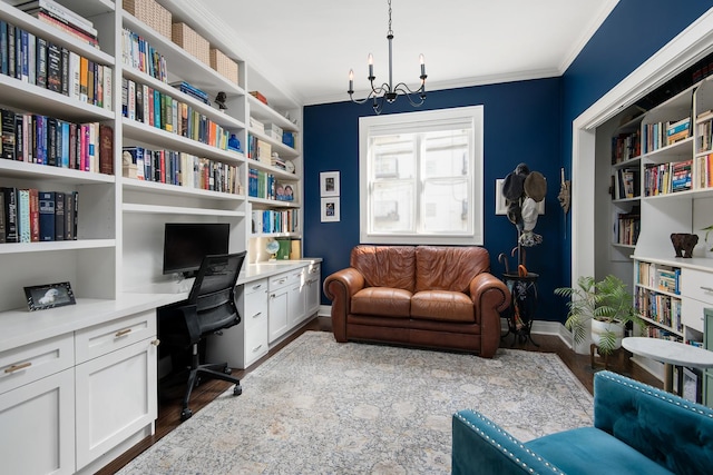 office area featuring ornamental molding, an inviting chandelier, and dark hardwood / wood-style flooring