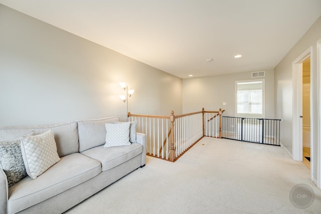 3460 Bradbury Cir, Aurora, IL 60504 - living area featuring an upstairs landing, carpet flooring, recessed lighting, and baseboards
