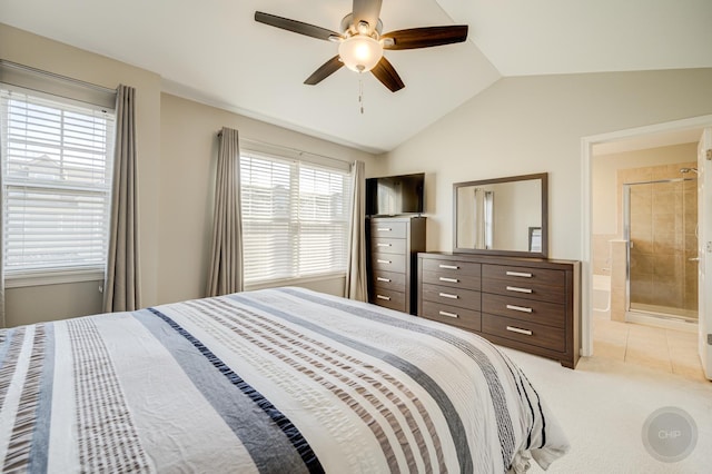 3460 Bradbury Cir, Aurora, IL 60504 - bedroom with vaulted ceiling, light colored carpet, a ceiling fan, and light tile patterned floors