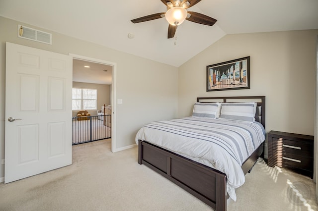 3460 Bradbury Cir, Aurora, IL 60504 - bedroom featuring light colored carpet, vaulted ceiling, ceiling fan, and baseboards