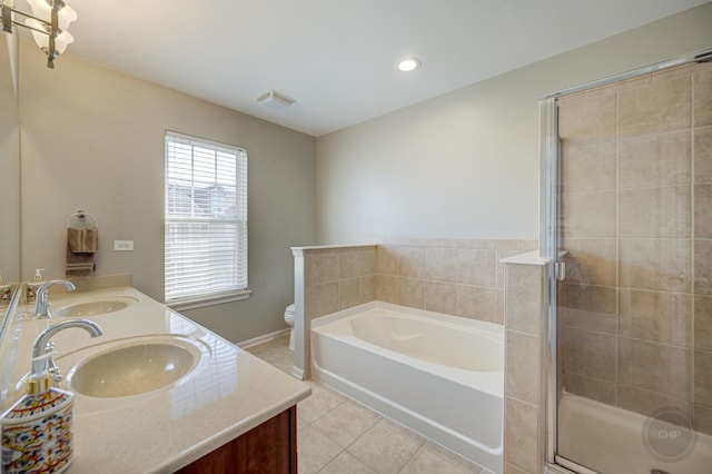 3460 Bradbury Cir, Aurora, IL 60504 - bathroom with tile patterned floors, a bath, double vanity, toilet, and a stall shower
