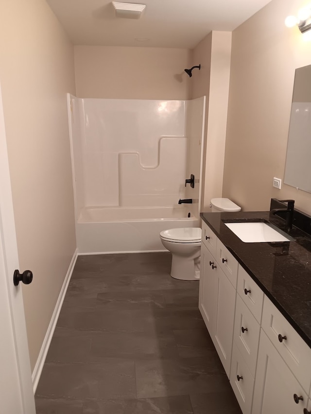 full bathroom with vanity, wood-type flooring, shower / washtub combination, and toilet