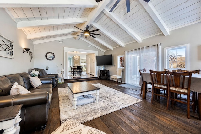 living room featuring wood ceiling, ceiling fan, dark hardwood / wood-style floors, and lofted ceiling with beams