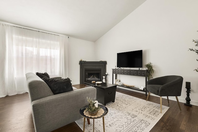 living room with vaulted ceiling and dark hardwood / wood-style flooring