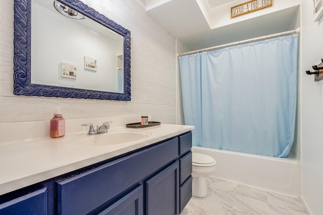 full bath with wooden walls, shower / bath combo, toilet, marble finish floor, and vanity