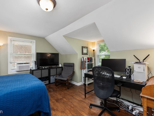 bedroom featuring cooling unit, lofted ceiling, and dark hardwood / wood-style floors