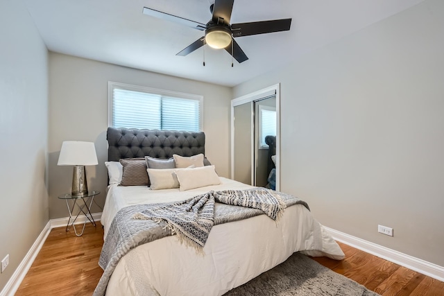 bedroom featuring hardwood / wood-style flooring, ceiling fan, and a closet