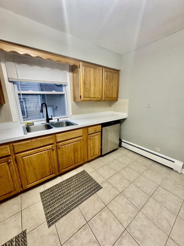 kitchen featuring light tile patterned flooring, a baseboard radiator, stainless steel dishwasher, and sink