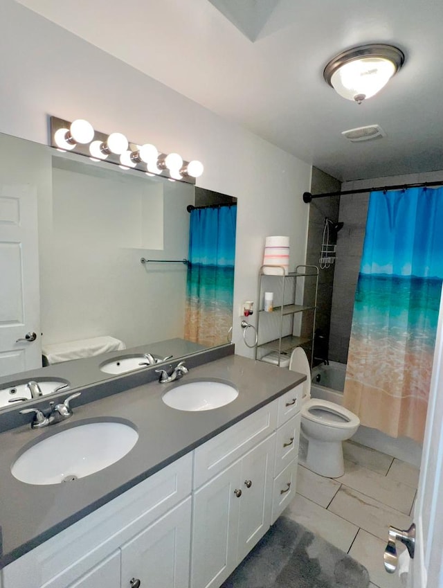 full bathroom featuring toilet, vanity, shower / bathtub combination with curtain, and tile patterned flooring