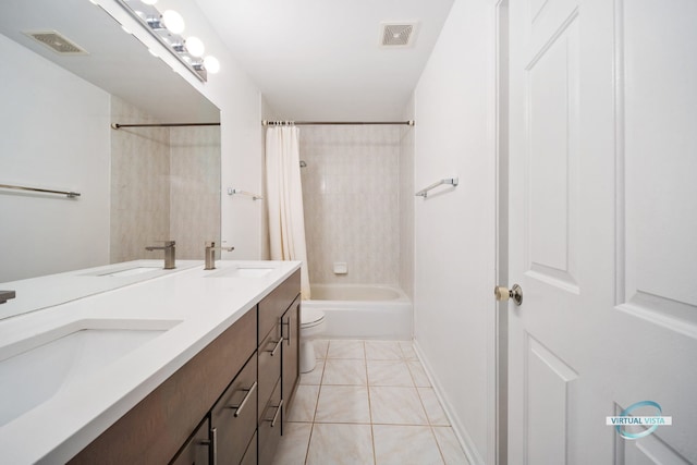 full bathroom with shower / bath combination with curtain, vanity, tile patterned floors, and toilet