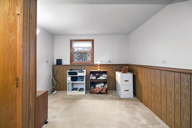 interior space featuring light carpet and wood walls