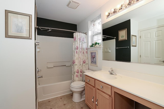 full bathroom featuring vanity, toilet, and shower / bathtub combination with curtain