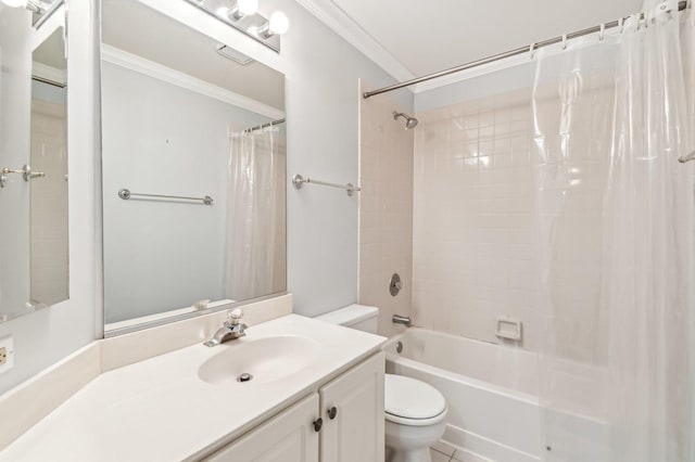 full bathroom with shower / bath combo, vanity, crown molding, and toilet