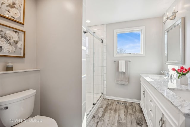 full bath with visible vents, a stall shower, wood finished floors, and toilet