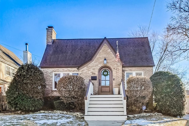 view of front of property with brick siding, a chimney, and a shingled roof