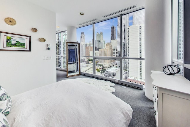 bedroom with dark carpet and floor to ceiling windows