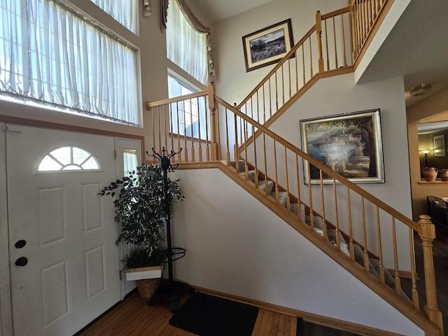 entryway with a towering ceiling and wood-type flooring