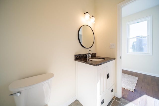 bathroom with vanity, wood-type flooring, and toilet