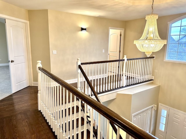 corridor featuring dark hardwood / wood-style flooring and a chandelier