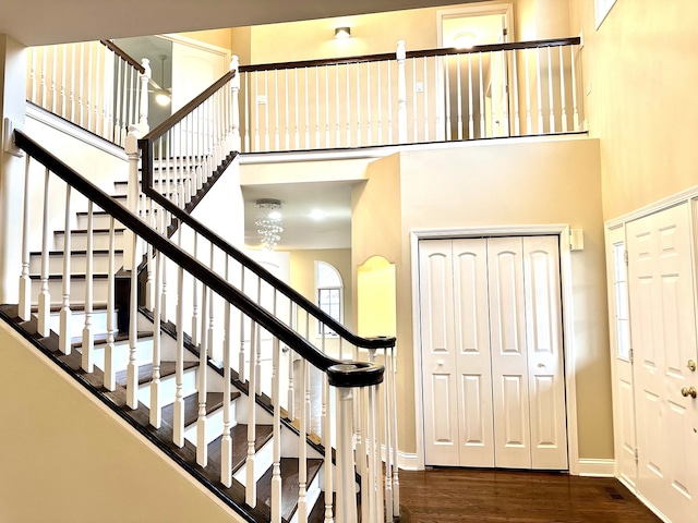 entryway featuring a towering ceiling and dark hardwood / wood-style floors