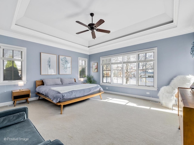 bedroom featuring carpet flooring, a tray ceiling, and multiple windows