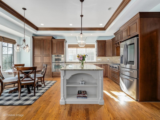 kitchen featuring a center island, decorative light fixtures, a raised ceiling, and appliances with stainless steel finishes