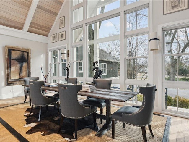 sunroom featuring lofted ceiling with beams and wooden ceiling