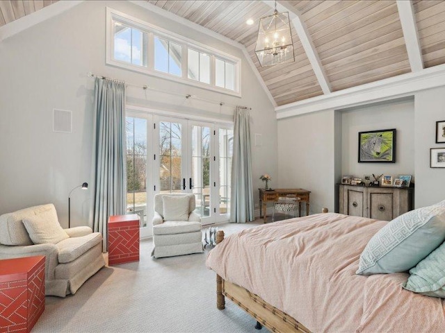 bedroom featuring wood ceiling, access to outside, multiple windows, and carpet floors