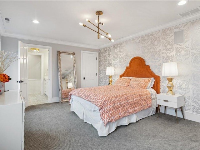 bedroom featuring ornamental molding, visible vents, and wallpapered walls