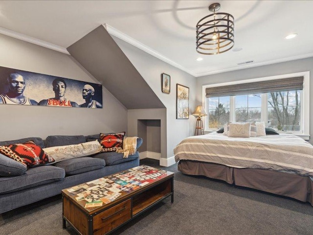 bedroom featuring recessed lighting, carpet flooring, visible vents, baseboards, and crown molding