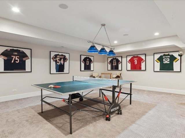 playroom featuring recessed lighting, light carpet, and baseboards