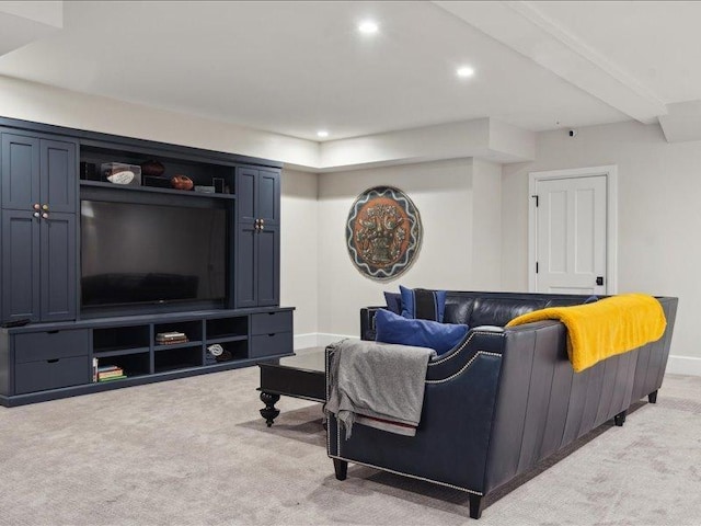 living room with recessed lighting, light carpet, beamed ceiling, and baseboards