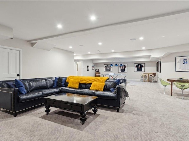 living room featuring baseboards, recessed lighting, beam ceiling, and light colored carpet