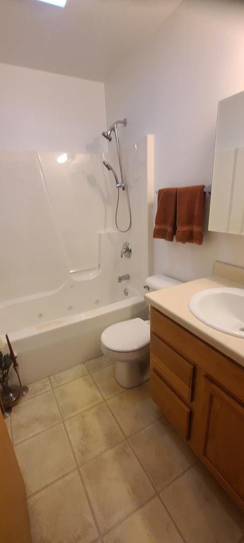 full bathroom with shower / bathtub combination, vanity, toilet, and tile patterned flooring