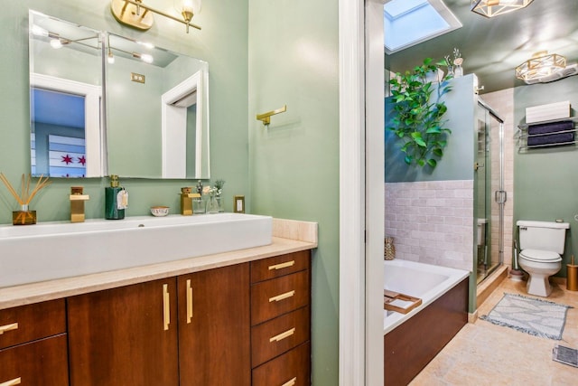 full bathroom with vanity, independent shower and bath, and toilet