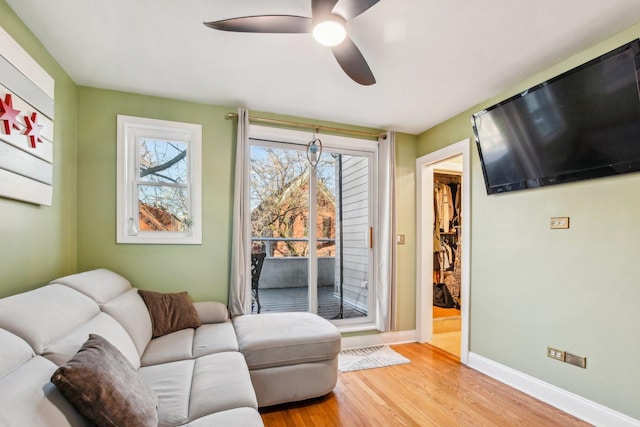 living room featuring ceiling fan and light hardwood / wood-style floors