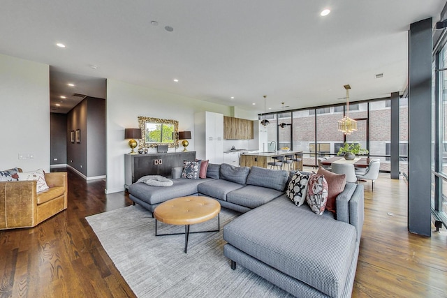 living room with expansive windows, wood-type flooring, and sink