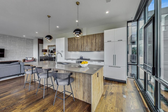 kitchen with dark hardwood / wood-style flooring, a healthy amount of sunlight, an island with sink, and white cabinets