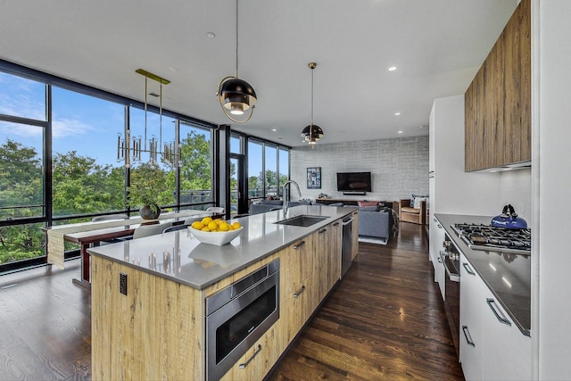 kitchen with dark wood-type flooring, floor to ceiling windows, sink, a center island with sink, and appliances with stainless steel finishes