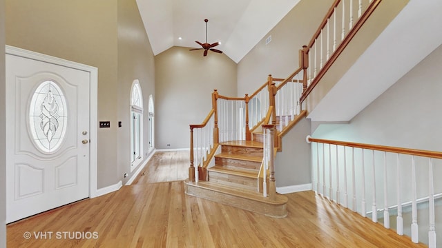 foyer featuring a healthy amount of sunlight, a towering ceiling, and wood-type flooring