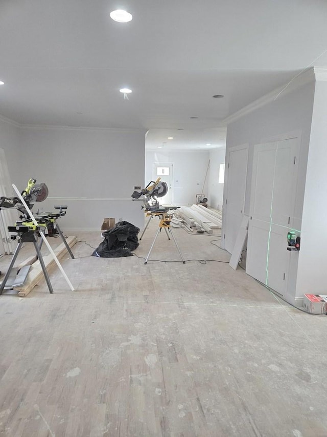 miscellaneous room featuring ornamental molding and light hardwood / wood-style floors