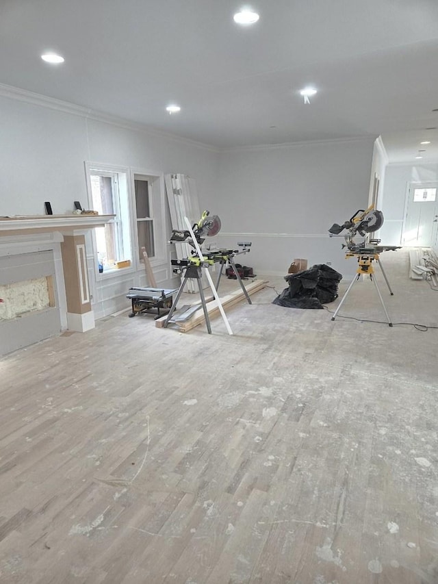 exercise room with ornamental molding, plenty of natural light, hardwood / wood-style floors, and a fireplace