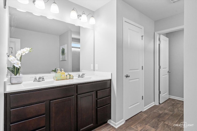 bathroom with wood-type flooring and vanity