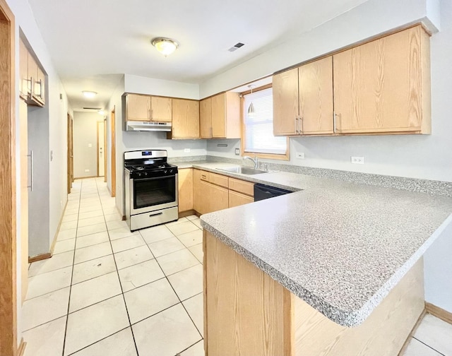 kitchen featuring sink, stainless steel stove, light tile patterned floors, light brown cabinetry, and kitchen peninsula