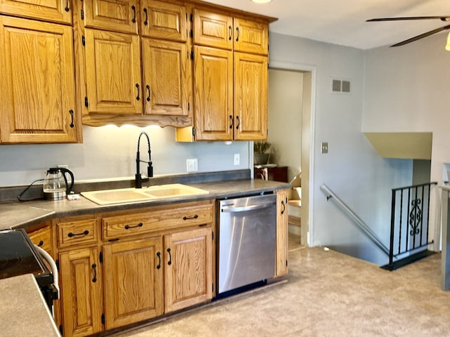 kitchen with ceiling fan, dishwasher, sink, and electric range