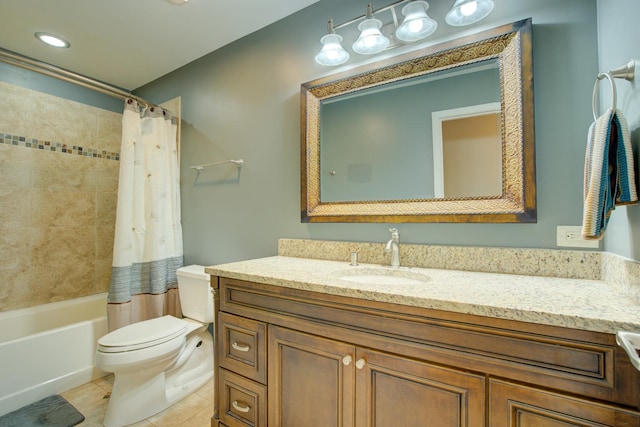 bathroom featuring tile patterned floors, toilet, shower / tub combo with curtain, and vanity